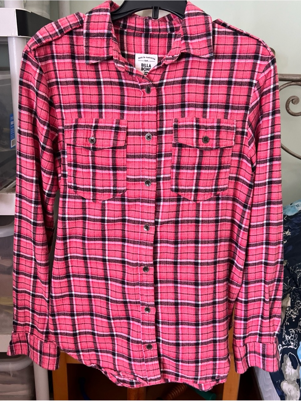 Billabong Small Hot Pink and Black Plaid Flannel Shirt